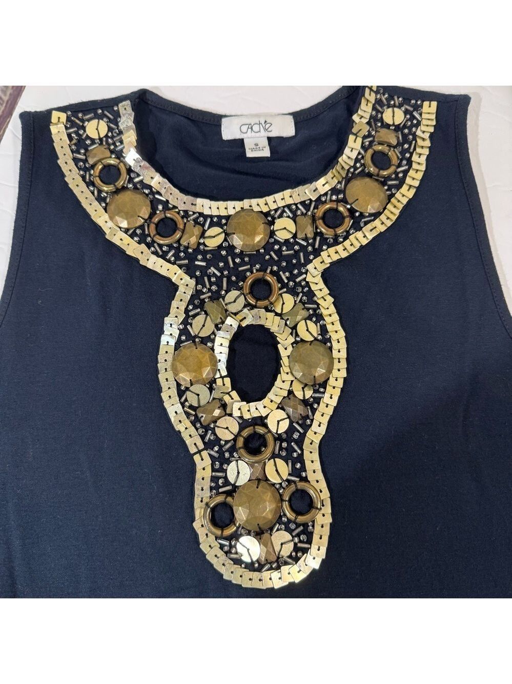 Cache Black Top with Bib Collar  Metallic Accents and Sequins Small - Picture 8 of 9